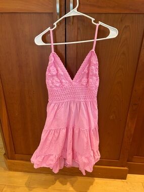 Pink Crochet Bodice Mini Dress - Casual Summer Dress